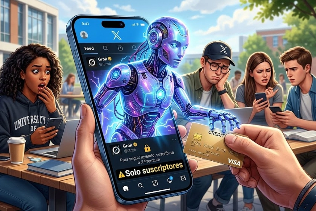 Imagen que representa a Grok comentarios con suscripción en X, mostrando un móvil con la interfaz de la red social y la IA emergiendo para pedir el pago, mientras jóvenes reaccionan sorprendidos al fondo.