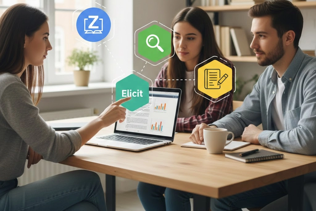 ovenes utilizando Conjunto de iconos modernos representando las principales herramientas digitales para tesis como Zotero, Elicit y NotebookLM, sobre un escritorio moderno con una laptop y una taza de café.