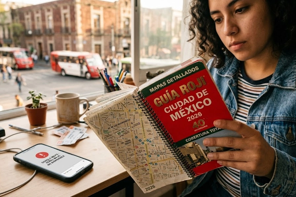 Joven sosteniendo un ejemplar de la historia de la Guía Roji edición 2026, mapa de papel abierto junto a un celular con GPS. Icono mexicano de navegación urbana.