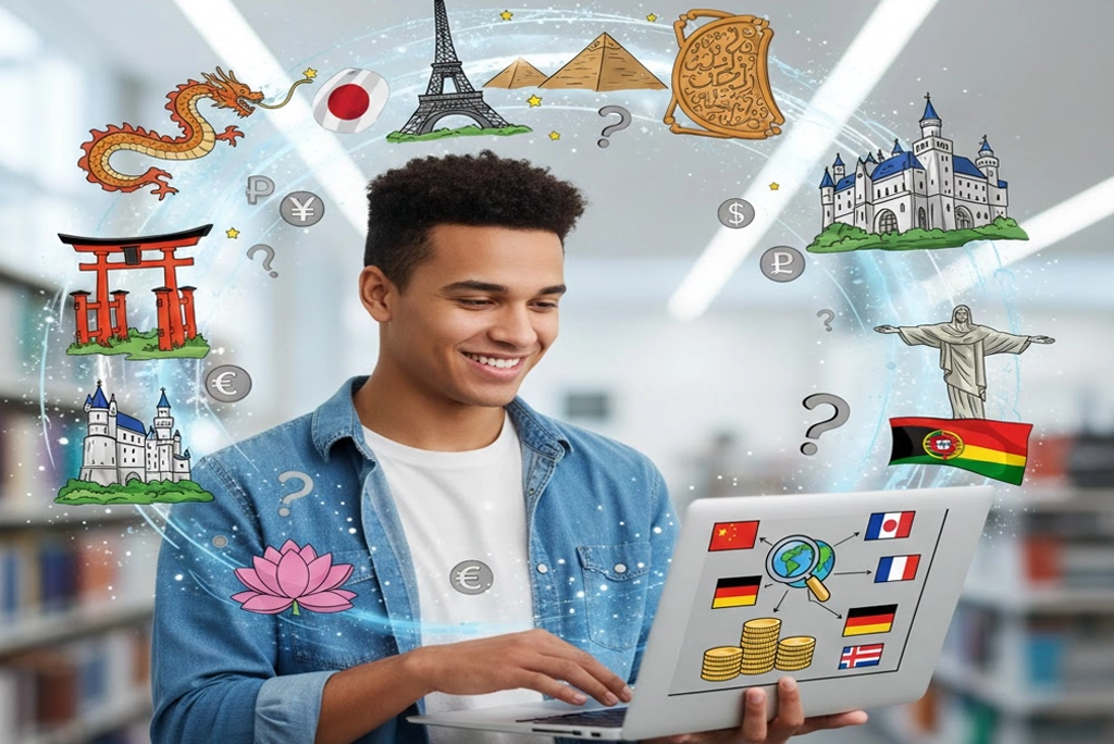 Joven sonriente , sosteniendo un portátil y rodeado de símbolos de diferentes culturas, representando la ventaja competitiva de dominar los idiomas mejor pagados, buscando cuál estudiar