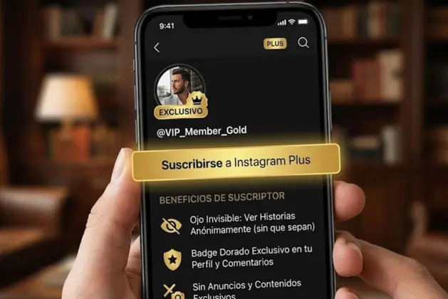 instagram de pago mostrando el botón de suscripción "Instagram Plus" con funciones premium como el ojo invisible para historias y un badge dorado exclusivo.