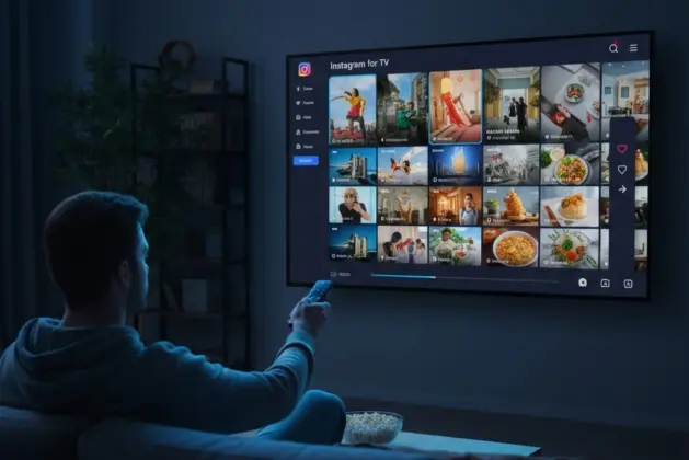 Joven usando el mando a distancia para navegar por la aplicación de Instagram para TV en una Smart TV moderna, mostrando Reels a pantalla completa.