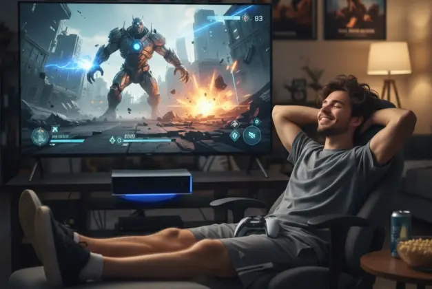 joven jugando en PlayStation, y descansando porque la IA está jugando por él un nivel difícil en pantalla