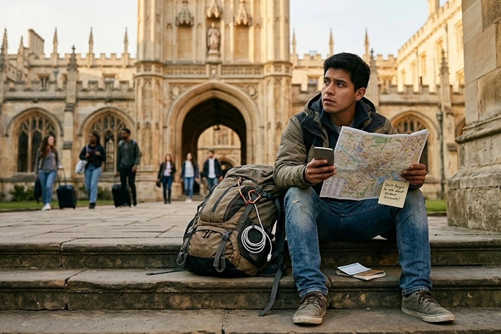 Estudiante universitario joven con mochila y mapa, sentado en una escalinata de una universidad europea, con expresión de duda y asombro, representando tips intercambio estudiantil para enfrentar lo inesperado.