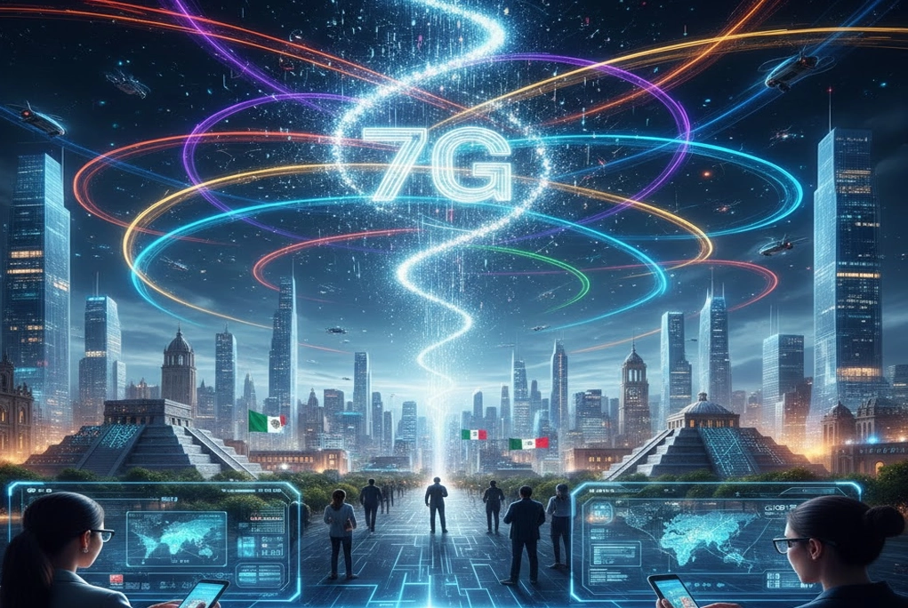 Imagen que representa la evolución de las redes móviles hacia el internet 7G en México, mostrando un entorno digital de alta velocidad.