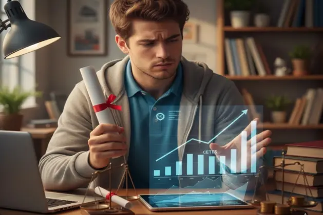 Joven analizando gráficas financieras y un diploma universitario, representando la disyuntiva de invertir en una carrera profesional o en instrumentos como CETES.