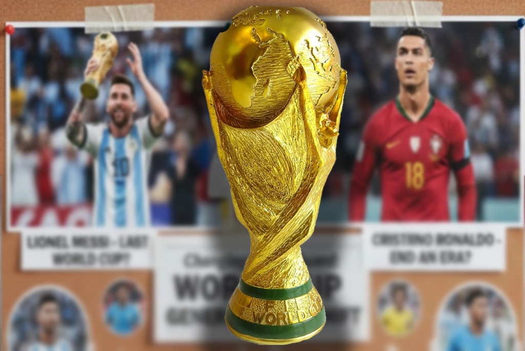 leyendas como Lionel Messi y Cristiano Ronaldo junto a jóvenes estrellas como Lamine Yamal y Endrick, representando a los jugadores en su último mundial y el relevo generacional en la Copa del Mundo de fútbol.