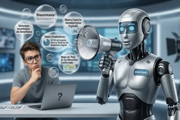 robot generando una página web con datos inventados, representando cómo la IA inventa información ficticia con apariencia real, mientras una lupa humana revisa los hechos.