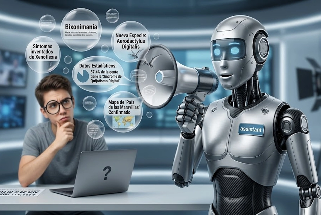 robot generando una página web con datos inventados, representando cómo la IA inventa información ficticia con apariencia real, mientras una lupa humana revisa los hechos.