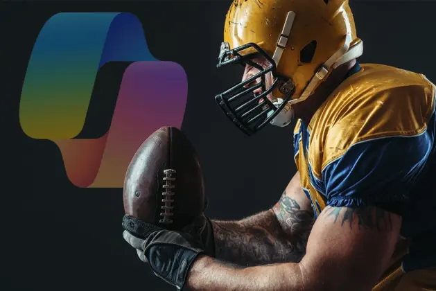 Implementación de la Inteligencia Artificial (IA) en la NFL mostrando una tableta Microsoft Surface Copilot en una banda de football con gráficos de datos de juego superpuestos