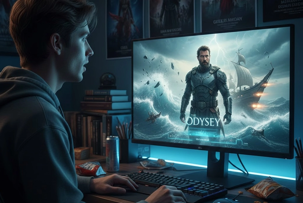 joven viendo en su computadora en su cuarto el teaser de la nueva película 'La Odisea', mostrando a un Ulises moderno y épico frente a su embarcación en aguas tormentosas, adaptando el clásico poema de Homero al cine.