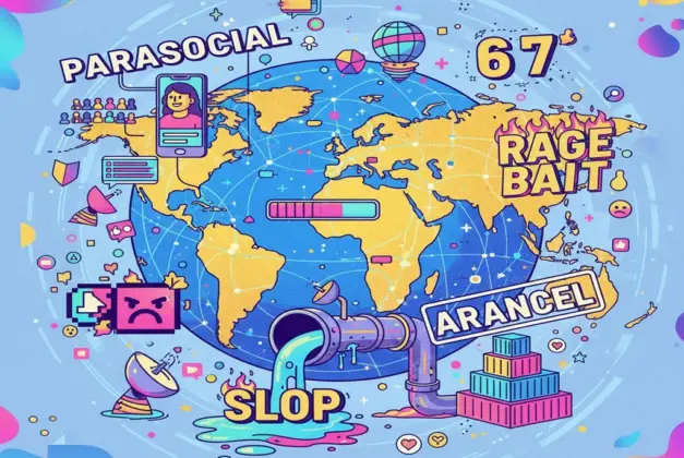 Ilustración conceptual y juvenil que representa las palabras tendencia del 2025 como 'parasocial', '6 7', 'rage bait', 'slop' y 'arancel' integradas en un collage que muestra elementos digitales y globos terráqueos, reflejando el análisis cultural del año.