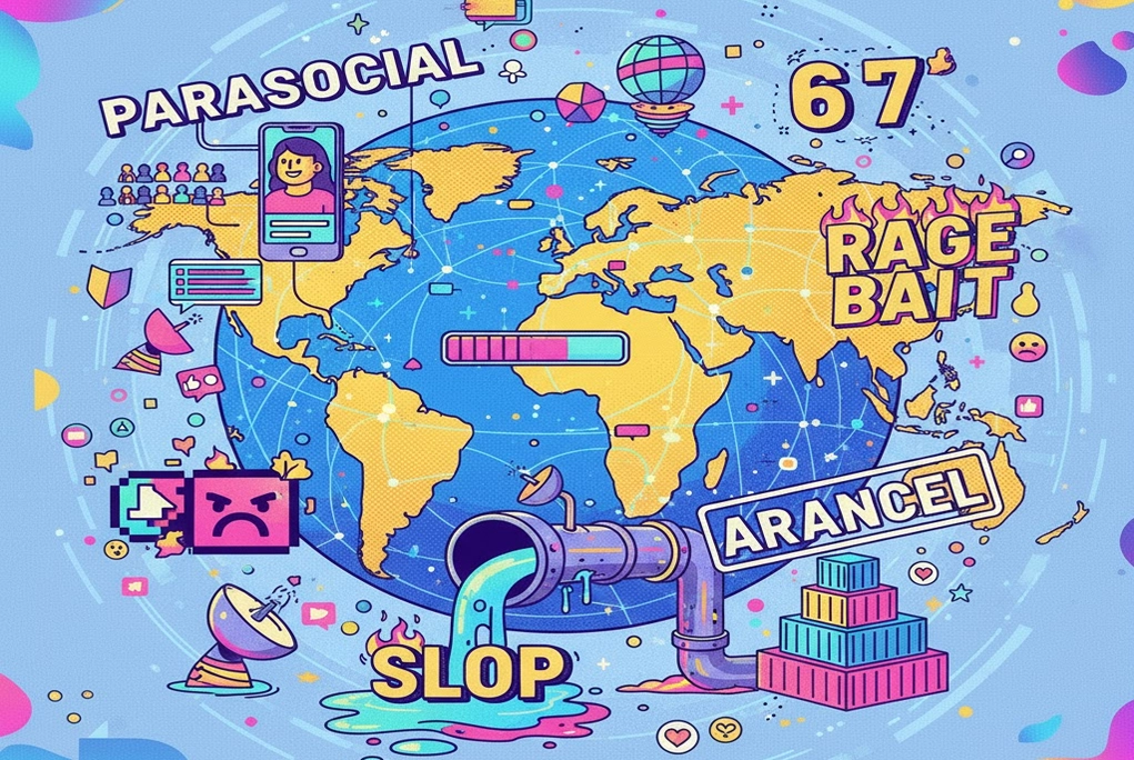 Ilustración conceptual y juvenil que representa las palabras tendencia del 2025 como 'parasocial', '6 7', 'rage bait', 'slop' y 'arancel' integradas en un collage que muestra elementos digitales y globos terráqueos, reflejando el análisis cultural del año.