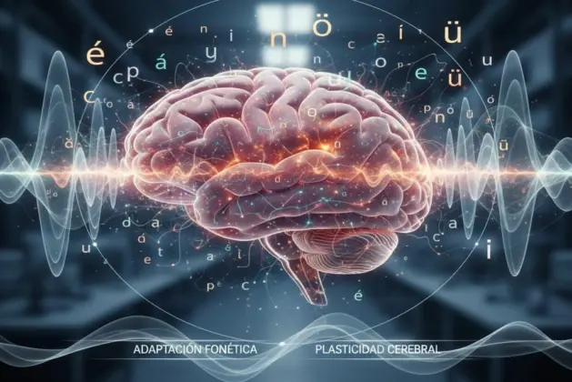 cerebro humano con ondas de sonido y símbolos de acento lingüístico, representando la adaptación fonética y la plasticidad cerebral.