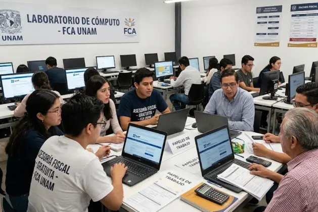 Estudiantes jóvenes en el laboratorio de cómputo de la FCA UNAM brindando asesoría fiscal en la UNAM, con laptops mostrando la página del SAT y papeles de trabajo sobre la mesa, ambiente juvenil y colaborativo.