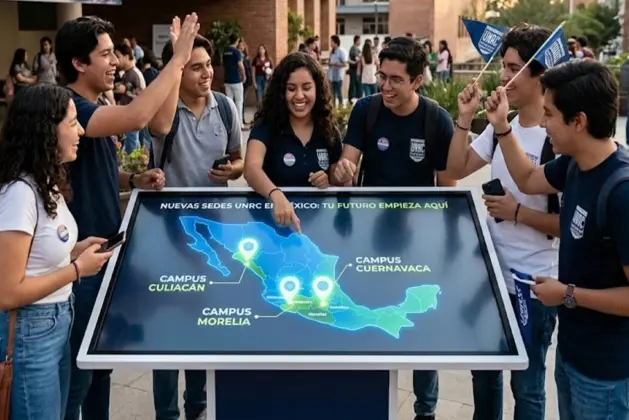 jóvenes celebrando el ingreso a las nuevas sedes UNRC en México, con un mapa interactivo mostrando la ubicación de los campus en Michoacán, Morelos y Sinaloa.