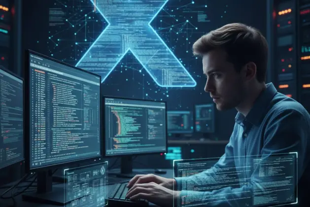 joven revisando, analizando y hasta auditando el código abierto de "X" antes twitter integra el logo de x de forma ilustrativa