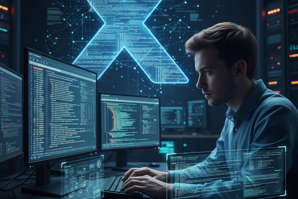 joven revisando, analizando y hasta auditando el código abierto de "X" antes twitter integra el logo de x de forma ilustrativa