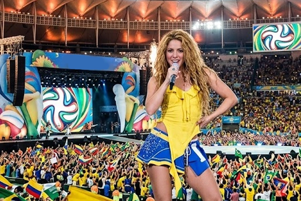 Shakira sobre el escenario del Estadio Maracaná con una multitud ondeando banderas, interpretando una de las canciones de Shakira del mundial más icónicas, luciendo un outfit futbolero y su característico movimiento de cadera., completa detalles de la imagen que te doy pues solo es de referencia para una nota.