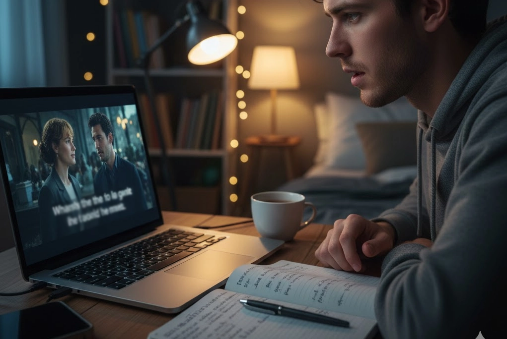 joven viendo películas en inglés para aprender un nuevo idioma y tomando apuntes y practicando leyendo los subtítulos también en inglés.