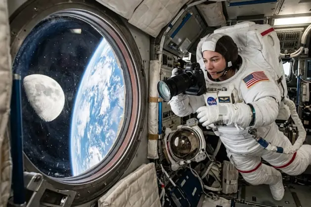 Astronauta flotando en la cápsula Orión usando una de las cámaras usadas en Artemis II (Nikon Z9), con la Tierra azul de fondo y la Luna gris al costado, iluminación realista de luces LED de cabina