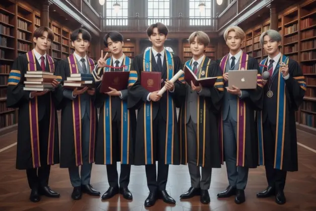 Los siete integrantes de BTS posando elegantemente, representando su éxito tanto en la música como en sus estudios profesionales universitarios.