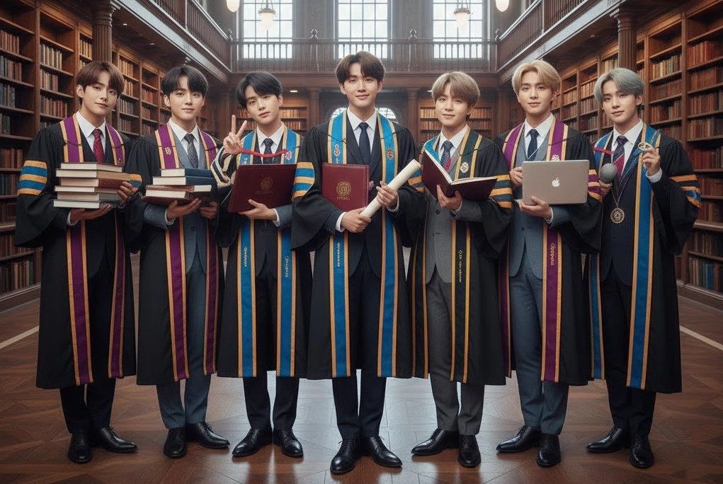 Los siete integrantes de BTS posando elegantemente, representando su éxito tanto en la música como en sus estudios profesionales universitarios.