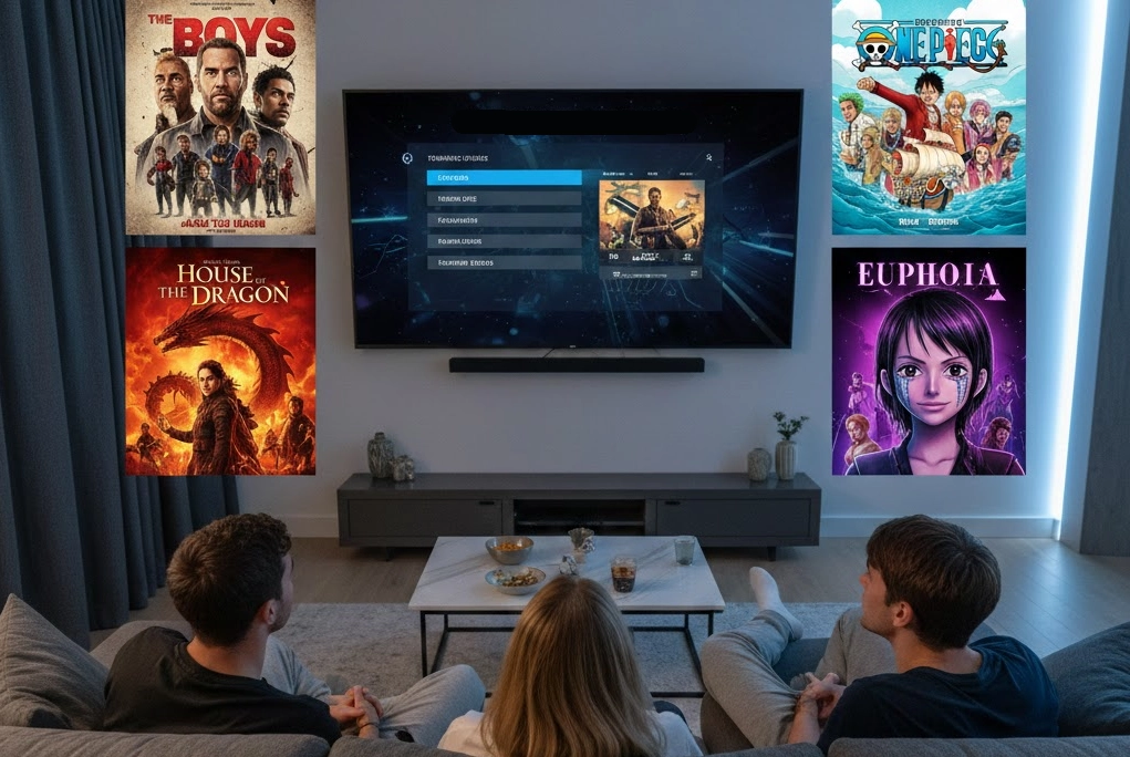jovenes en sala de departamento viendo el catálogo de películas en su tv Collage con los pósters y personajes de las series más esperadas de 2026, incluyendo The Boys, House of the Dragon, One Piece y Euphoria.