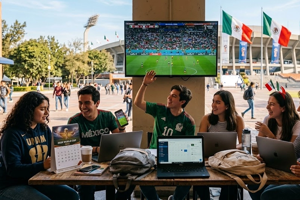 Estudiantes universitarios revisan sus calendarios escolares mundial 2026 mientras ven un partido del Mundial en una pantalla gigante, ambiente juvenil y realista.