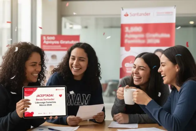 Mujeres jóvenes celebrando su aceptación en las becas Santander para mujeres 2026, programa de liderazgo femenino en México con 3,500 apoyos gratuitos.