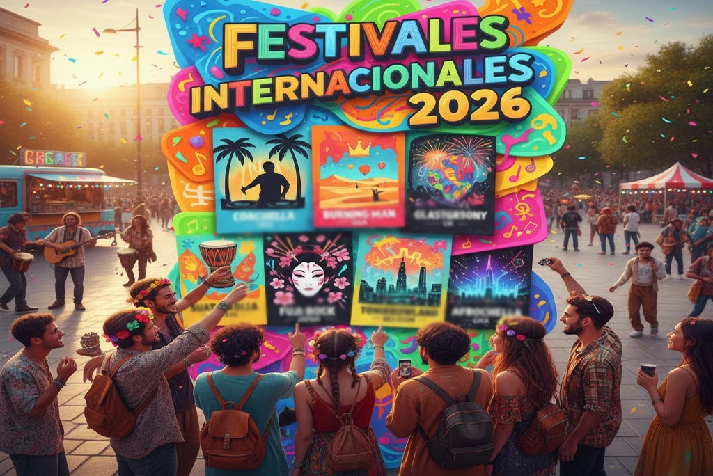 Cartelera colorida y vibrante anunciando los mejores festivales internacionales 2026 alrededor del mundo, con jóvenes disfrutando de música y cultura.