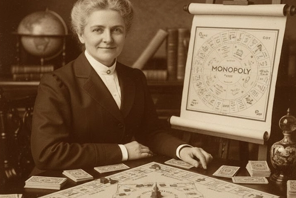 Retrato o ilustración de Elizabeth "Lizzie" Magie, la verdadera inventora del juego Monopoly, con elementos del tablero original de 1904.