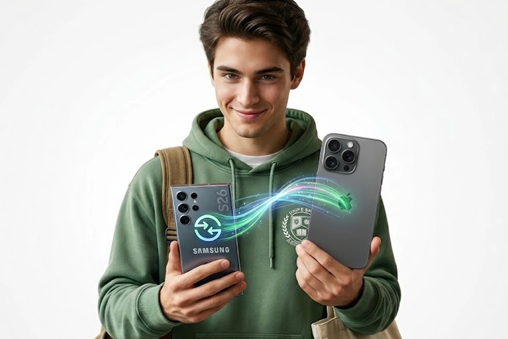 Joven universitario sosteniendo un Samsung Galaxy S26 y un iPhone mostrando en la pantalla una animación de conexión entre Quick Share y AirDrop, simbolizando la nueva era de transferencias entre iOS y Android sin cables.