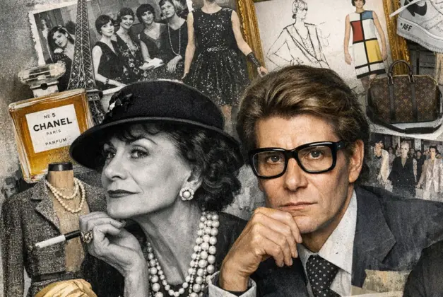 Collage de los diseñadores de moda influyentes más importantes de la historia, incluyendo a Coco Chanel, Yves Saint Laurent y Virgil Abloh.