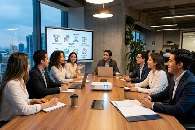Grupo de jóvenes universitarios en una sala de juntas moderna discutiendo sobre valores laborales y habilidades blandas para su primer empleo.