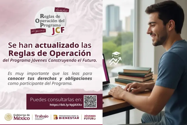 Joven revisando información en una laptop sobre los cambios jóvenes construyendo el futuro en el programa social, junto a símbolos de crecimiento y educación.