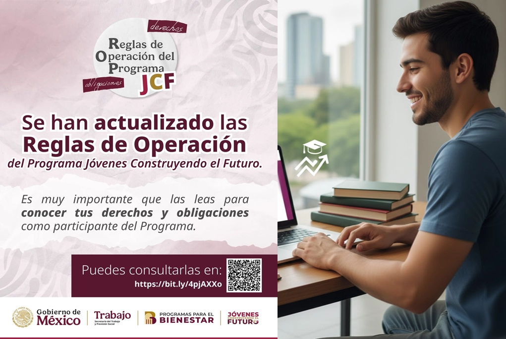 Joven revisando información en una laptop sobre los cambios jóvenes construyendo el futuro en el programa social, junto a símbolos de crecimiento y educación.