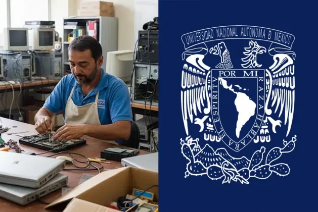 Maestro que repara computadoras para estudiantes de la UNAM, Luis Alberto Vázquez Maison, trabajando en el Taller de Cómputo General de la Facultad de Ciencias, rodeado de equipos por reacondicionar.