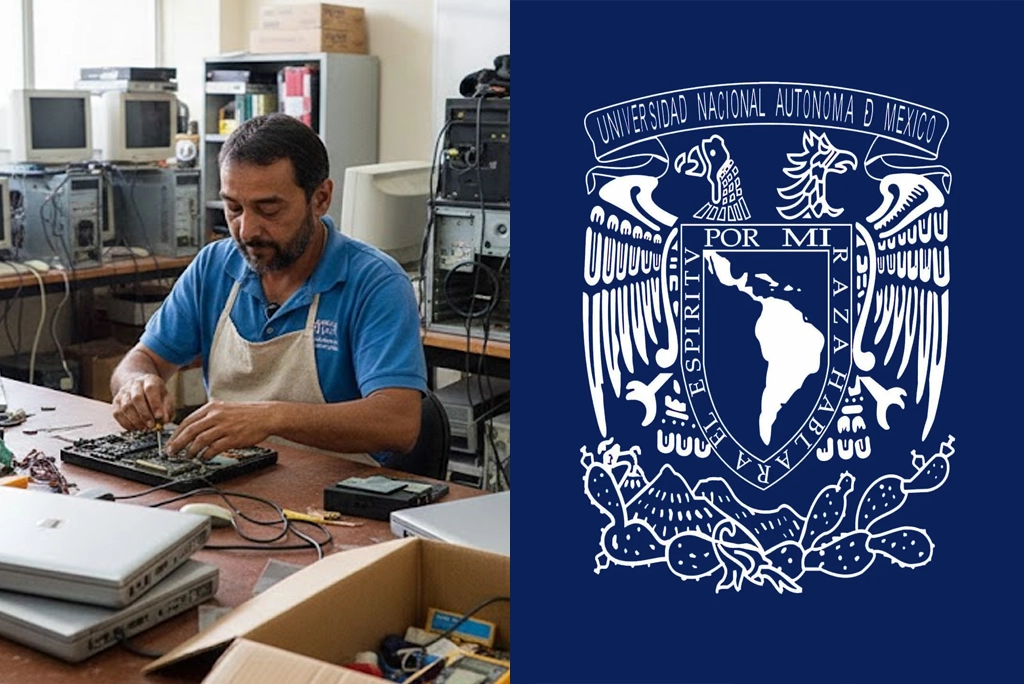 Maestro que repara computadoras para estudiantes de la UNAM, Luis Alberto Vázquez Maison, trabajando en el Taller de Cómputo General de la Facultad de Ciencias, rodeado de equipos por reacondicionar.