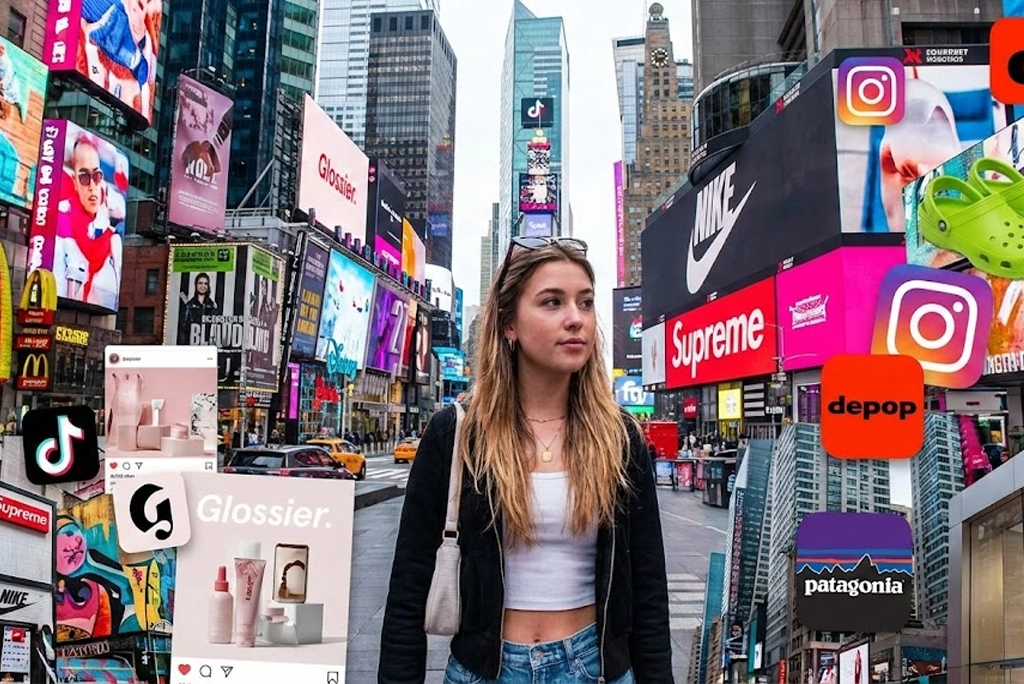 joven con un fondo de Collage visual que representa las marcas favoritas de los jóvenes de la Generación Z, mostrando logos, estética de redes sociales y productos en un contexto urbano y digital.