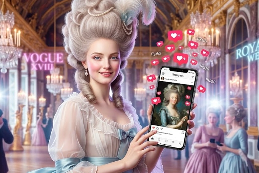 María Antonieta sosteniendo un teléfono inteligente con una pantalla que muestra la portada de la revista "Vanity Fair" del siglo XVIII