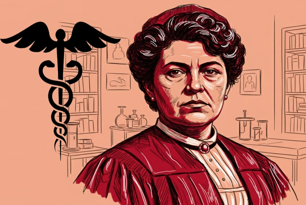 Retrato histórico o ilustración de Matilde Montoya, primera médica titulada en México, con su toga o en un entorno clínico, símbolo de pionerismo y lucha por la igualdad en la ciencia.