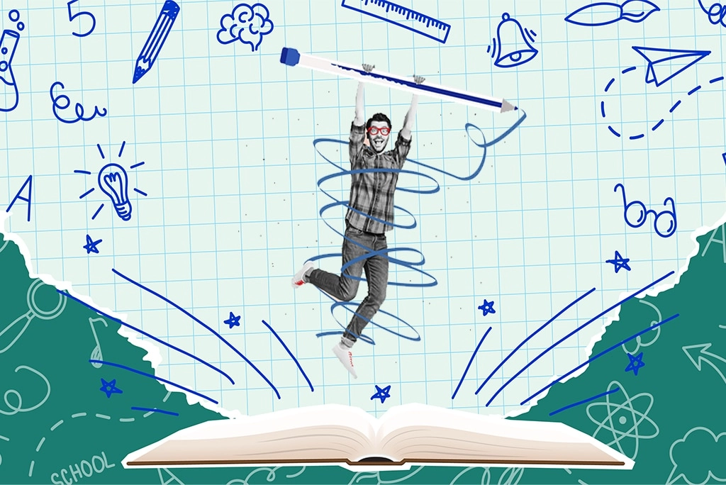 Ilustración con joven que trata de decidir cuáles son la mejores técnicas de estudio para aumentar sus calificaciones