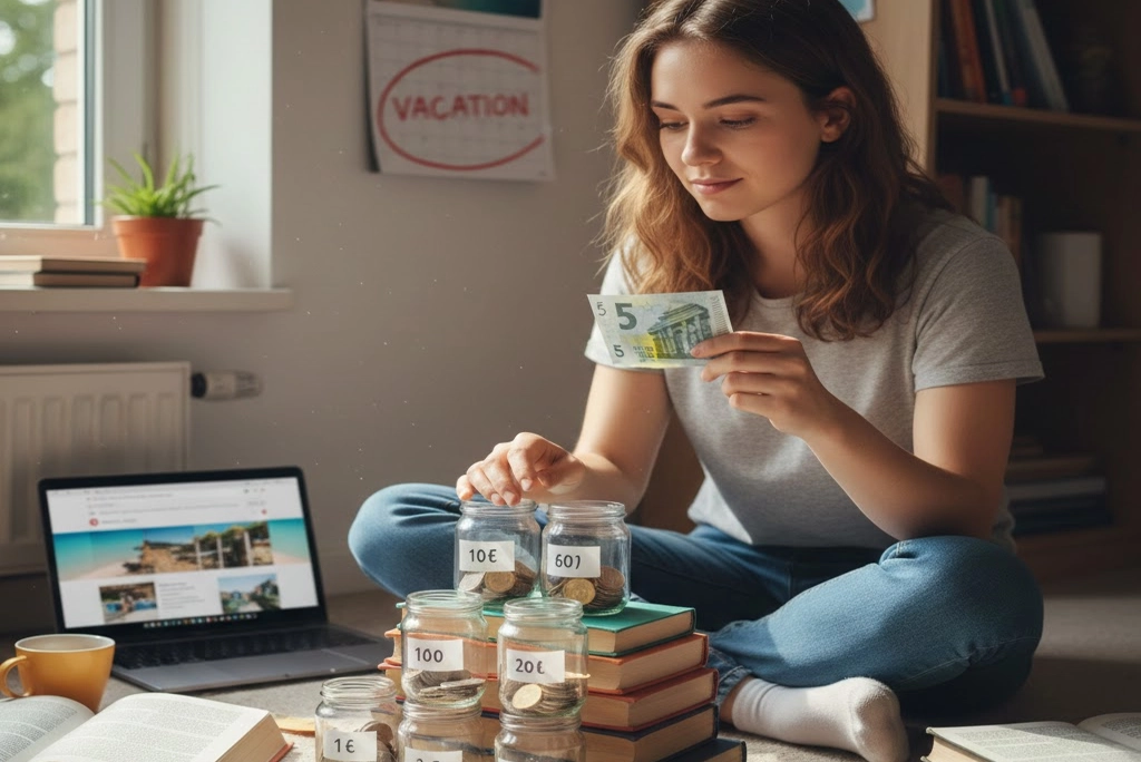 joven con el reto de la escalera como método de ahorro para vacaciones en jóvenes universitarios
