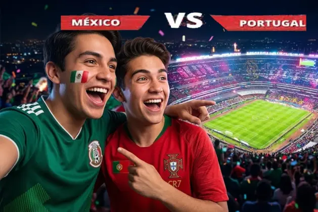 Aficionados celebrando durante el partido amistoso entre México vs Portugal en el renovado Estadio Banorte, con banderas y una atmósfera de fiesta total.
