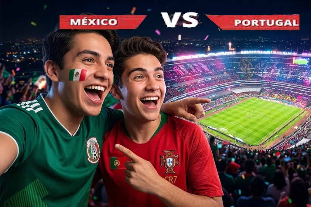 Aficionados celebrando durante el partido amistoso entre México vs Portugal en el renovado Estadio Banorte, con banderas y una atmósfera de fiesta total.