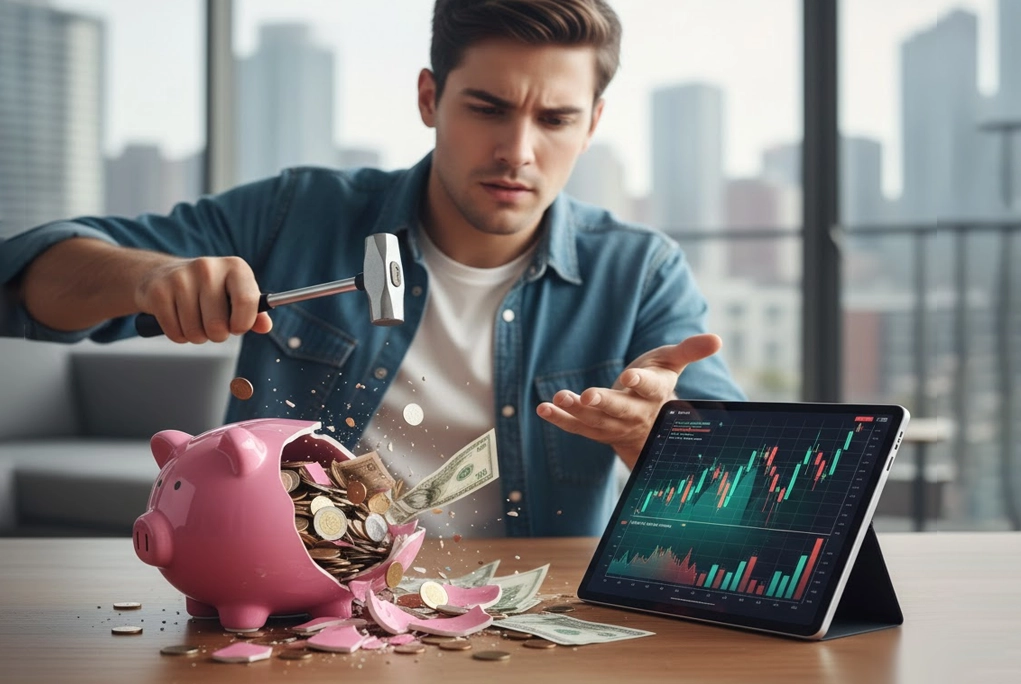 Joven rompiendo una alcancía tradicional de cerdo mientras observa gráficos financieros modernos en una tablet, representando la ruptura con los mitos del dinero heredados.