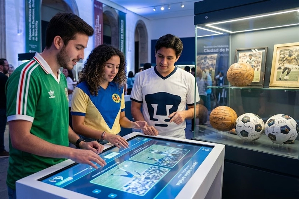 Jóvenes visitando una exposición dentro de los museos de futbol de la Ciudad de México, con playeras retro, balones firmados y una pantalla interactiva mostrando jugadas históricas del Mundial.