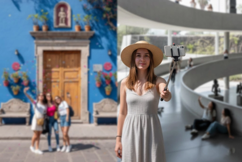 achada colorida del Museo Frida Kahlo y el interior moderno del MUAC, representando los museos más instagrameables de la CDMX para el Día de la Selfie.