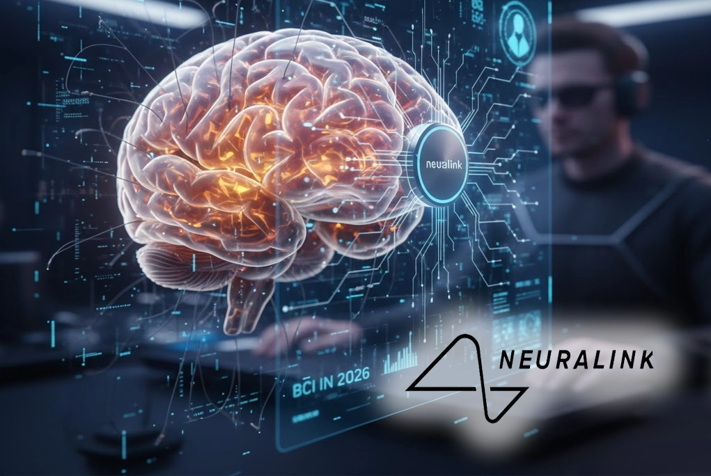 Neuralink: un cerebro humano interactuando con circuitos digitales y un implante neuronal, representando la conexión cerebro-computadora prometida para 2026